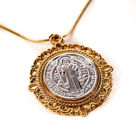 Alea Collection Ward off Necklace of Saint Benedict Two-Tone Gold and Silver Medal Protects From Envy and The Evil Eye