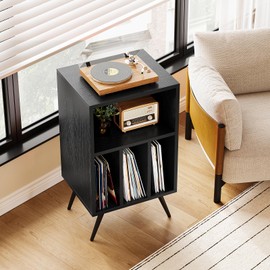 FurniNova Record Player Stand,Vinyl Record Storage Cabinet with Vinyl Storage Holds Up to 200 Albums for Bedroom Living Room Playroom,Black