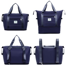 FIORETTO Womens Expandable Gym Tote Bag Duffle Bag with Wet Pocket, Travel Bag Weekend Overnight Bags with Double Shoulder Strap, Water-Resistant Carry On Bag Hospital Holdalls for Women Navy Blue
