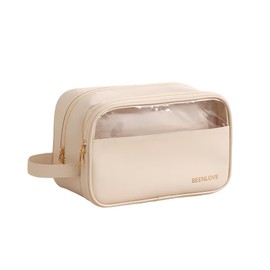 Portable Waterproof Makeup/Cosmetic/Toiletry Bag with Golden Zipper for Women Girls/Wide Open PU Leather Organizer Pouch with Side Handle/Travel Essentials/Storage Nail Polish and Skincare
