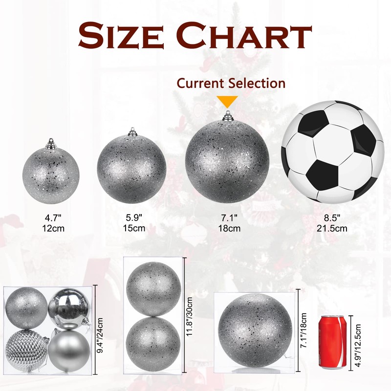 Briful 18CM Large Christmas Baubles, 7.1" Xmas Tree Decorations Silver