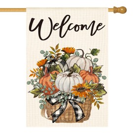 AVOIN colorlife Fall Garden Flag 28x40 Inch Double Sided Outside, Autumn Floral Pumpkins Welcome Yard Outdoor Flag
