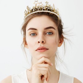Coxiva Gold Crown for Women Rhinestone Tiara Pearl Star Glitter Crowns Sparkly Queen Headband Wedding Birthday Hair Accessory