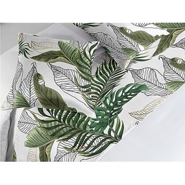 Ambesonne Tropical Bed Runner Set, Hawaiian Style Exotic Ornament of Palm and Banana Leaves Print, Decorative Bedding Scarf and 2 Pillow Shams for Hotels Homes, Queen, Army Green Emerald and White