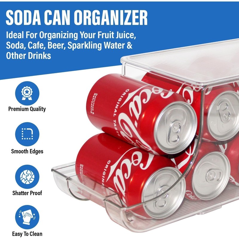Soda Can Organizer with Lids, Stackable Soda Can Dispenser for