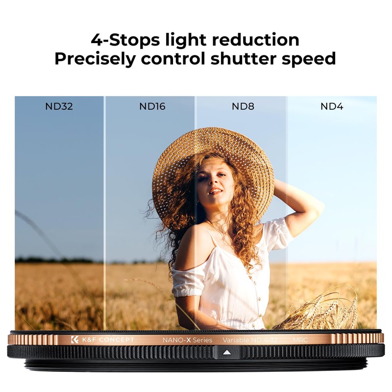 K&F Concept 82mm Variable ND4-32 Filters, Adjustable 4-Stop Neutral Density
