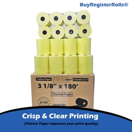(32 Rolls) 3 1/8 x 180 Yellow Thermal Paper Receipt Rolls (60 GSM Paper Thickness) fits all Clover POS Cash Register Printers, Yellow Thermal Paper from BuyRegisterRolls