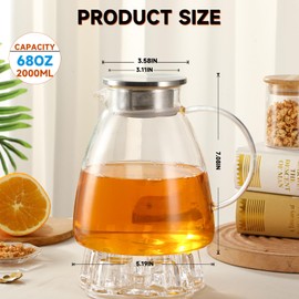 68OZ/2000ML One Touch Glass Teapot with Stainless Steel Filter Lid, Stovetop & Microwave Safe Tea Maker Water Kettle, Strainer & Cover 2 in 1 Loose Leaf Tea Steeper Pot Coffee Carafe