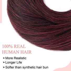SEGO Human Hair Messy Bun Hairpieces Real Scrunchies Natural Wavy Smoothed Updo Donut Chignon Ponytail Extensions for Women Girls-#2AP99J Natural Black & Wine Red