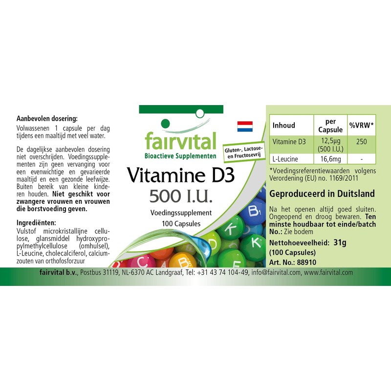 Fairvital Vitamin D3 500 IU Cholecalciferol 100 Capsules