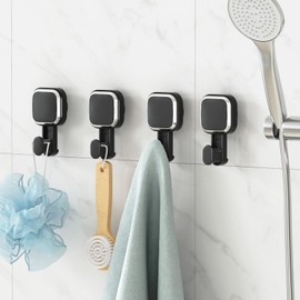 TAILI 4 Pack Powerful Suction Cup Shower Hooks for Towel, Loofah, Clothes, Damage Free Hanging Versatile Utility Wall Holders, Stylish Removable Suction Hooks for Inside Shower, Easy to Install, Black