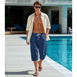 MAGNIVIT Men's 3/4 Pants Breathable Summer Beach Shorts Linen Pants with Pockets Blue 32