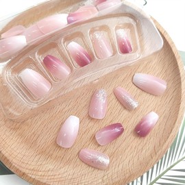 Coffin Press on Nails Short Fake Nails with Glitter Sequins Designs Acrylic Nails Press ons Glossy Glue on Nails Ombre Pink White False Nails Artificial Stick on Nails for Women 24 Pcs