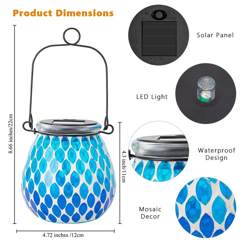 Starsoul Solar Lanterns Outdoor Waterproof, Elegant Blue Glass Mosaic Solar