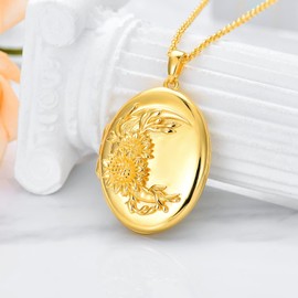 SOULMEET 18K Gold Plated Silver Sunflower Oval Locket Necklace That Holds 2 Pictures Photo “You Are My Sunshine” (Locket only)