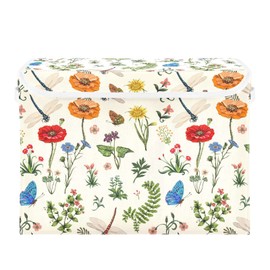 senya Large Storage Bins with Linen Summer Dragonflies Butterflies Poppies Flowers Collapsible Foldable Storage Cubes Fabric Closet Organizer Containers Box with Flip-Top Lid for Home Bedroom Office