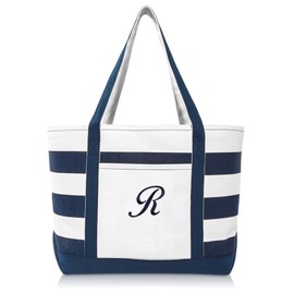 DALIX Premium Beach Bags Striped Navy Blue Zippered Tote Bag Monogrammed R