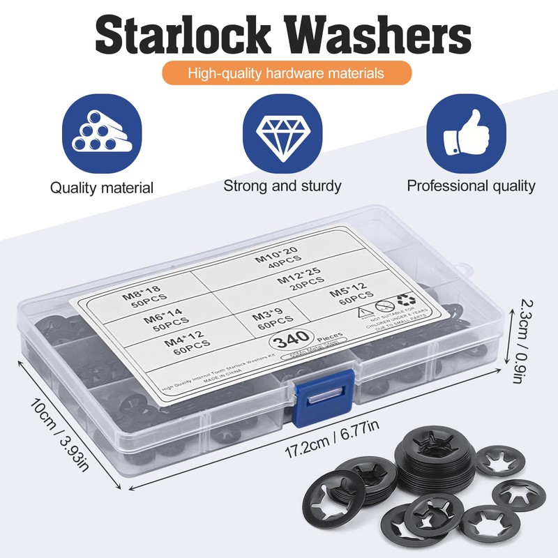 Pack of 340 circlips, locking washers, inner tooth quick release