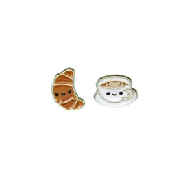 Cute Kawaii Coffee and Croissant Enamel earring set