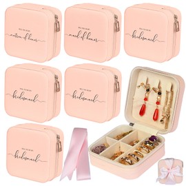 6 Pack Bridesmaid Jewelry Box with Ribbon, Maid Matron of Honor Small Travel Jewelry Case for Women, Bridesmaid Proposal Gifts, Wedding