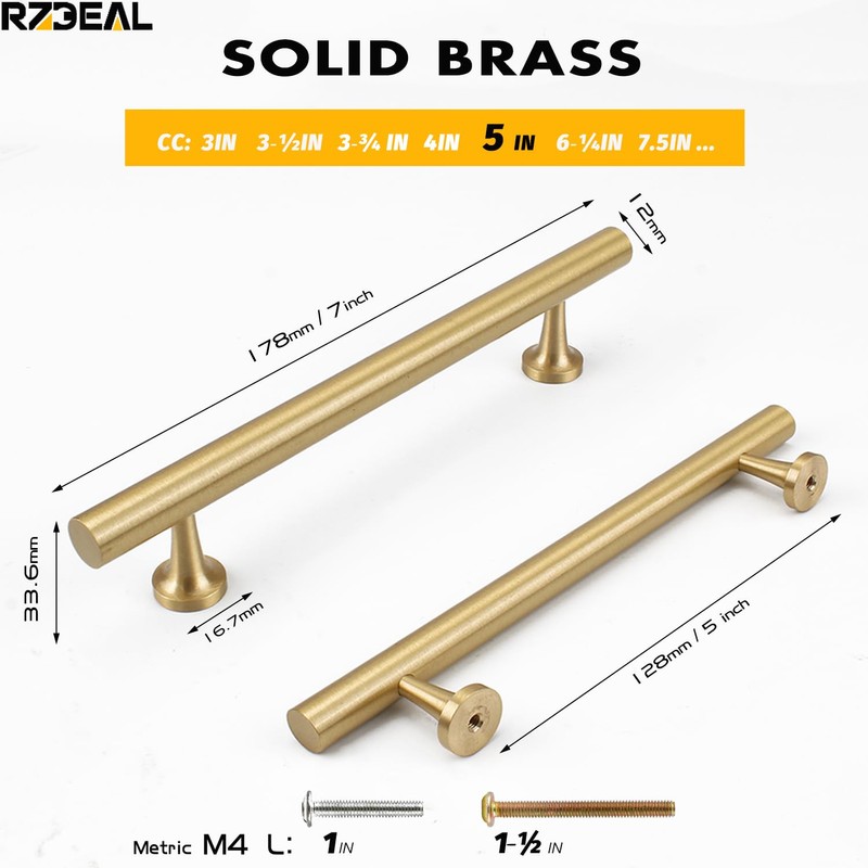 RZDEAL 5 Inch Kitchen Cabinet Handles Solid Brass Cabinet Pulls