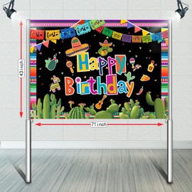 Mexican Party Backdrop Happy Birthday, Fiesta Party Banner, Cinco De Mayo Carnival Party Decorations, Colorful Background Banner Tablecloth for Photo Booth Studio Props Decor Supplies 180x110cm