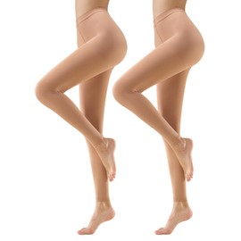 MANZI 2 Pairs Women's Opaque Control Top Tights Comfort Stretch 70 Denier Pantyhose Footless Tan Small