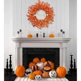 Fall Wreaths for Front Door, TOKCARE 22 Inch Orange Forsythia Outdoor Door Wreath with Berries Autumn Wreath for Front Door Wedding Wall Home Thanksgiving Decor