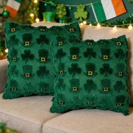 Hikkcos St Patricks Day Pillow Covers 18x18 inch Set of 2 St Patricks Day Decorations Green Shamrock Soft Plush Faux Fur Jacquard Throw Pillows for Bedroom Sofa Living Room