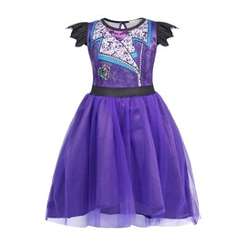 WonderBabe Evie Descendants Costumes for Girls Princess Tulle Short Sleeve Dress Girls Birthday Fancy Cosplay Party Dragon Musical Costume (Purple 3-4 Years)