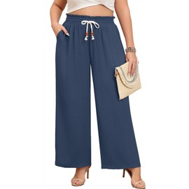 Lastshe Plus Size Pants for Curvy Women High Waist Wide Leg Dressy Trousers Casual Palazzo Boho Maternity Loose Flowy Linen Pants,Denim Blue,4X