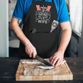 BBQ Aprons for Men - Funny Retirement Gifts for Men - Cotton BBQ Apron, Adjustable with 2 Pockets - Men's Retirement Gifts for Husband, Him, Friend, Uncle, Grandad - I Tried to Retire - Black