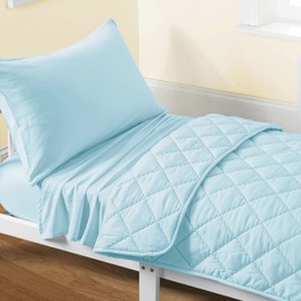 FLXXIE 4 Pieces Toddler Bedding Set, Soft and Breathable Microfiber Crib Sheet Set, Includes Quilted Comforter, Flat Top Sheet, Fitted Sheet, Envelope Pillow Case for Boys and Girls, Aqua