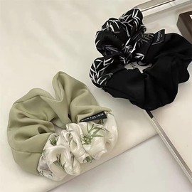 Chinese Artistic Satin Scrunchie, Bamboo Print Satin Hair Scrunchie Elastic Hair Ties Soft Hair-Friendly Snag-Free Scrunchies for Women (Black)