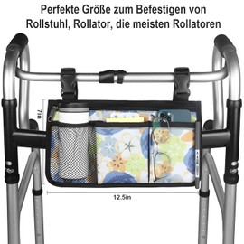 Wheelchair Storage Bag, Armrest Bag with Cup Holder and Reflective Strips, Waterproof Fabric, for Most Wheelchairs, Rollators or Rollators (Blue Rose)