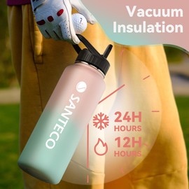 SANTECO Insulated Water Bottle with Straw 1900ml/64oz Stainless Steel Leak-proof Thermos with Handle Lid Large Capacity Sport Drink Bottles