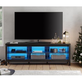 WAMapat LED TV Stand for 75 Inch TV, Modern Entertainment Center Console Table with Blue LED Light & 6 Cubbies, Living Room, Bedroom, Office, Black