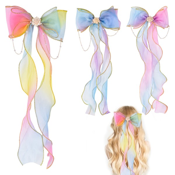 Girls Hair Bows 3 Pieces Colorful Bows for Girls Large Hair Bows Clips Long Tail Hair Clips Accessories Pearl Tassels Rainbow Princess Hair Clips Women Gifts