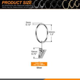 Rustark 40Pcs Silver Curtain Rings with Clips, 1.3" (33mm) Interior Diameter Curtain Drapery Clip Rings Shower Curtain Clips Curtain Rod Hanging Clips for Window Bathroom Home