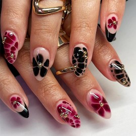 24 Pcs Almond Press on Nails Short Fake Nails Black French Tip False Nails Glossy Design French Leopard Print Glue on Nails with Rhinestones Reusable Full Cover Stick on Nails for Women Manicure