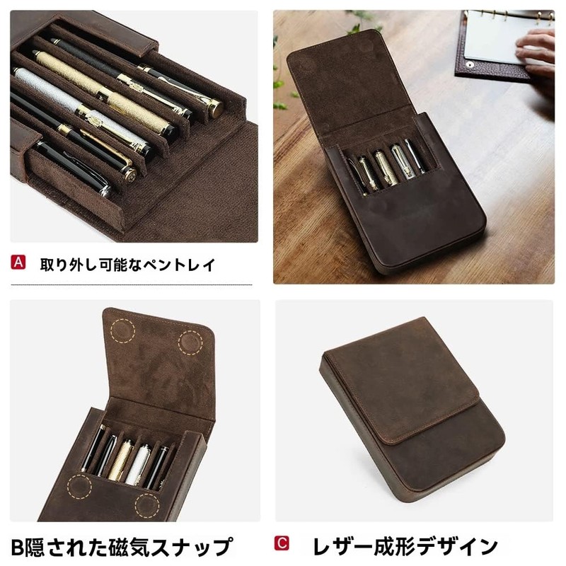 Hiram Brown Crazy Horse Leather Magnetic Split Design Pen Storage