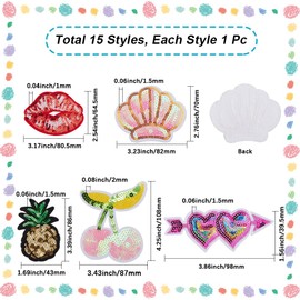 CABODYALS 15Pcs 15 Styles Sequin Embroidered Patches Sparkly Patch Iron On Cute Cartoon Fruit Appliques Embroidery Clothes Appliques Bulk for Sewing Making Diy Jeans Jacket Bags Art Bag Craft Supply