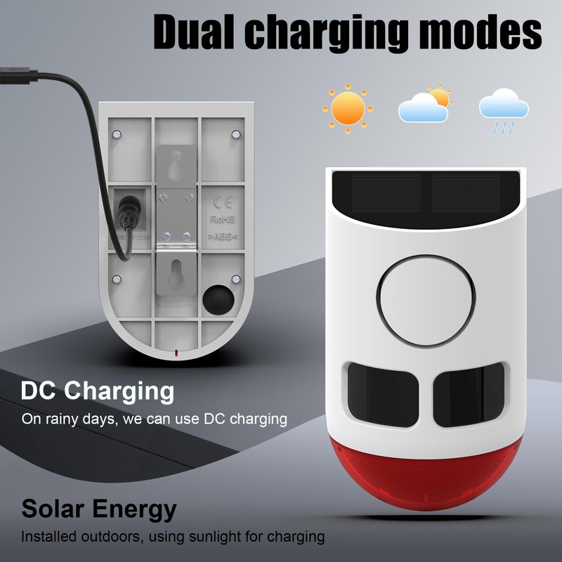 Solar Motion Sensor Alarm with Strobe Light, 130dB Outdoor Security