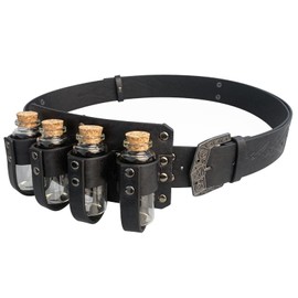 HiiFeuer Medieval Embossed Alchemy Faux Leather Buckle Belt with 4 Cork Vials, Fantasy Wizard Potion Bottles Belt(Black A)
