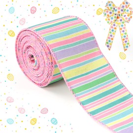 Easter Ribbon Wired Edge, Happy Easter Pastel Stripe Canvas Ribbon for Spring Party Decoration Hair Bow Wreath DIY Crafts Gifts Wrapping, 2.5" x 10 Yards