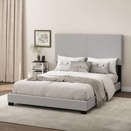 Furinno Pessac Fabric Upholstered Bed Frame with Wooden Slat Support, Queen, Glacier