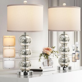 Set of 2 Table Lamps for Living Room Glass Triple-Sphere 27" Tall Table Lamp Contemporary Bedside Desk Nightstand Lamp for Bedroom Living Room Office, Mercury Silver/Chrome