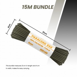 Abma Cord 550 Paracord 4mm 15m Rope 7 Strands Type III Parachute Cord for Crafting, Camping, Survival, Outdoor - Max. 250kg - Army Green