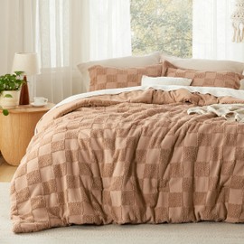 Bedsure California King Size Comforter Set Taupe, Boho Tufted Bed Set, Checkered Farmhouse Shabby Chic Bedding, 3 Pieces, 1 Plaid Geometric Comforter and 2 Pillow Shams