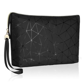 Playexen Large Makeup Bag with Wrist Strap, PU Leather Cosmetic Bag, Travel Toiletry Pouch for Women, Gifts for Mom/Sisters/Friends/Bridesmaid (Geometric)